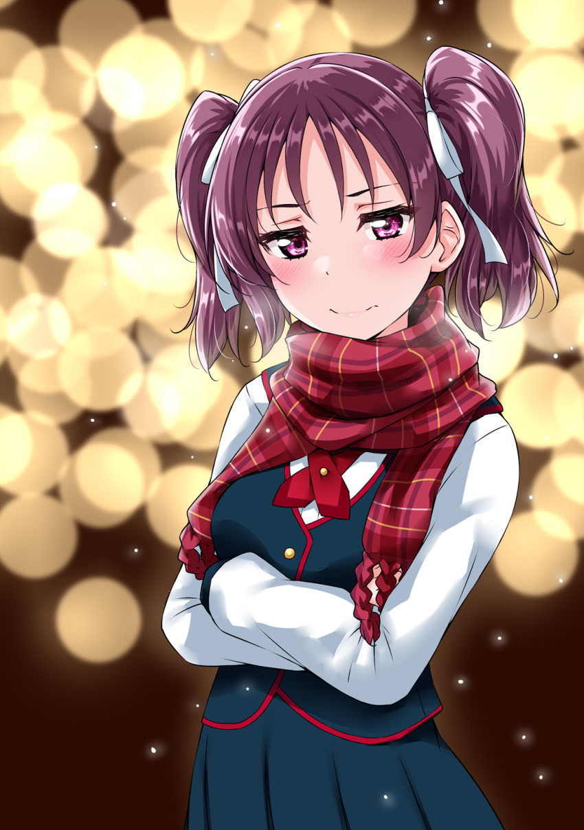 1girl arms_under_breasts bangs black_dress blurry blurry_background blush breasts crossed_arms dress hair_ribbon highres kazuno_leah light_particles long_sleeves love_live! love_live!_sunshine!! outdoors pleated_dress red_scarf ribbon scarf small_breasts solo twintails violet_eyes white_ribbon yopparai_oni