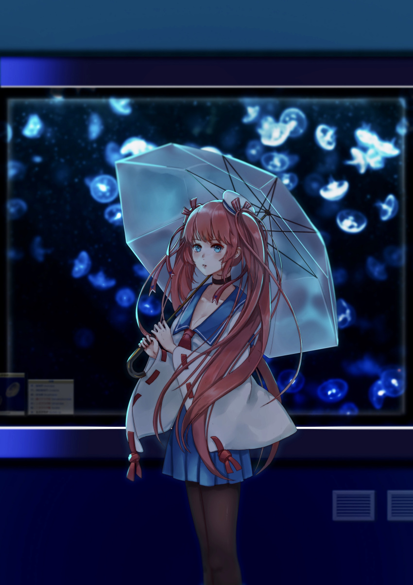 1girl absurdres aquarium blue_eyes bow chinese_commentary choker commentary_request cowboy_shot grate hair_bow highres holding holding_umbrella indoors information_sheet jellyfish label legs long_hair looking_at_viewer n.s.egg pantyhose parted_lips redhead ribbon-trimmed_sleeves ribbon_trim sailor_collar skirt solo taihou_(warship_girls_r) twintails umbrella very_long_hair warship_girls_r window