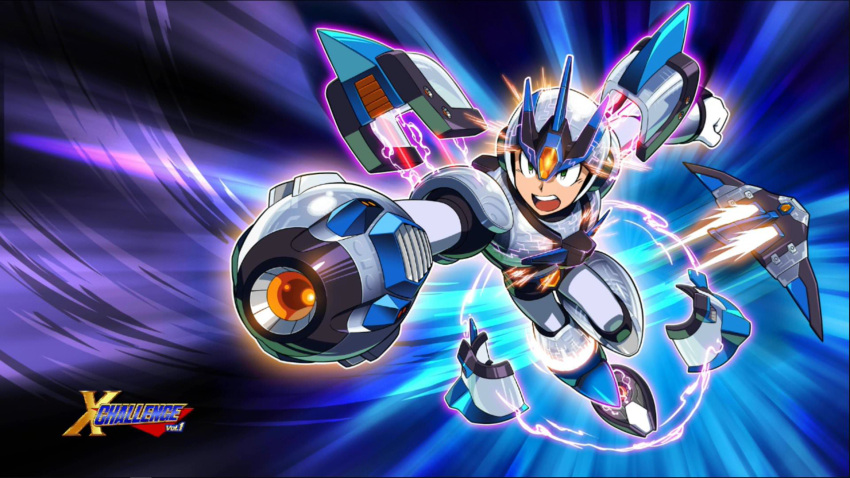 1boy alternate_color alternate_costume android arm_cannon armor forehead_jewel forehead_protector full_body gem gloves green_eyes helmet highres jetpack jumping magnet mizuno_keisuke official_alternate_costume official_art open_mouth pauldrons robot rockman rockman_x serious shoulder_armor shoulder_pads solo third-party_source wallpaper weapon white_armor x_(rockman)