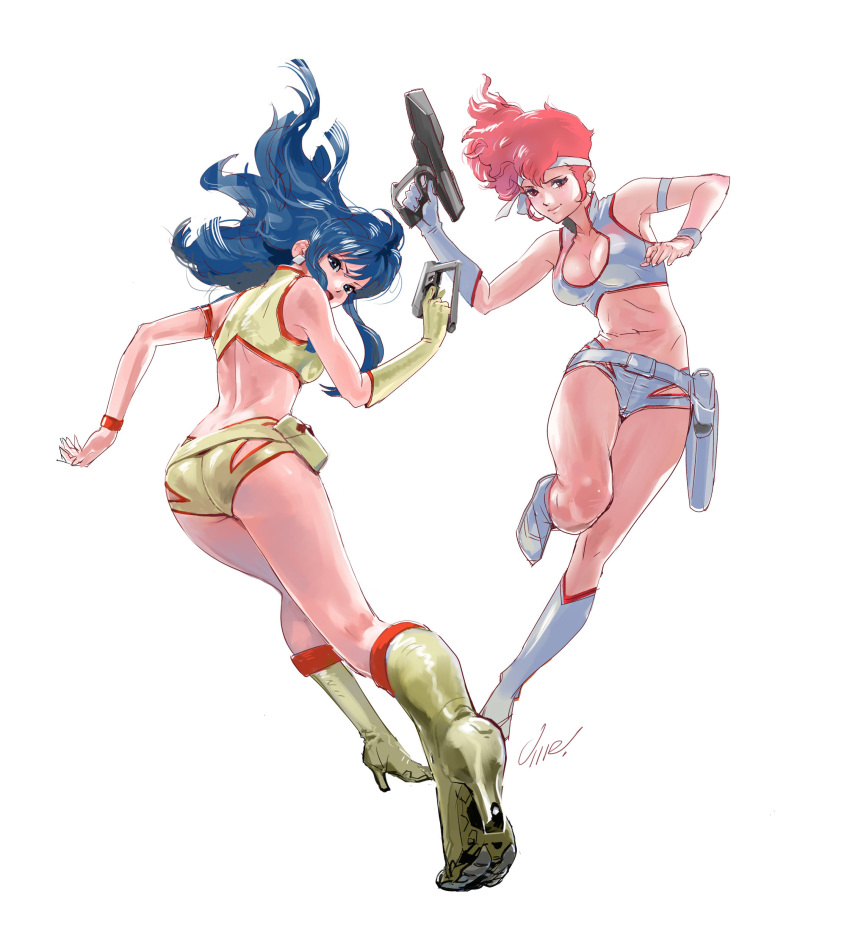 2girls absurdres ass blue_hair boots breasts dirty_pair energy_gun floating_hair gloves gun hair_behind_ear high_heel_boots high_heels highres holding holding_gun holding_weapon kei_(dirty_pair) knee_boots leaning_to_the_side long_hair looking_at_viewer looking_back medium_breasts multiple_girls navel redhead short_hair sidelocks single_glove umeno_ryuuji weapon white_background white_gloves yellow_gloves yuri_(dirty_pair)