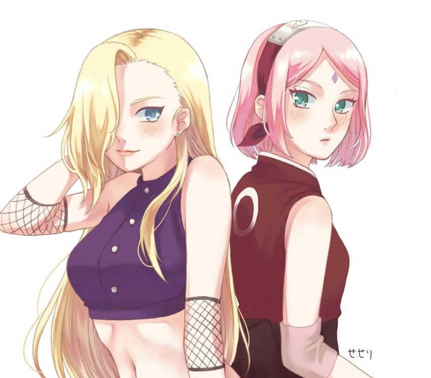 2girls bangs blonde_hair blue_eyes blush boruto:_naruto_next_generations breasts closed_mouth crop_top facial_mark fishnet_sleeves green_eyes hair_over_one_eye hand_in_hair haruno_sakura headband highres jacket long_hair looking_at_viewer manbou_0328 medium_breasts midriff multiple_girls naruto_(series) navel parted_bangs pink_hair red_headband red_jacket shiny shiny_hair short_hair simple_background sleeveless sleeveless_jacket smile stomach upper_body very_long_hair white_background yamanaka_ino