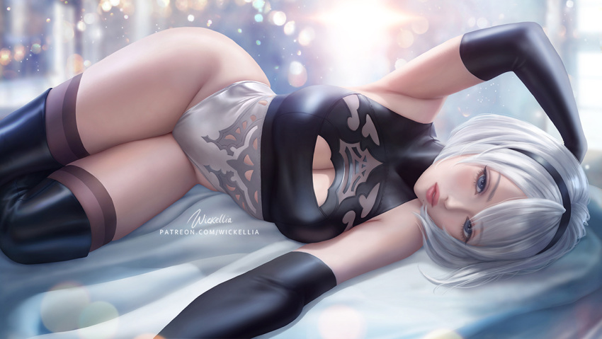 1girl artist_name black_hairband black_legwear blue_eyes breasts cleavage_cutout clothing_cutout commentary curvy english_commentary hairband large_breasts lying nier_(series) on_side parted_lips patreon_username solo thick_thighs thigh-highs thighs watermark web_address white_hair wickellia yorha_no._2_type_b
