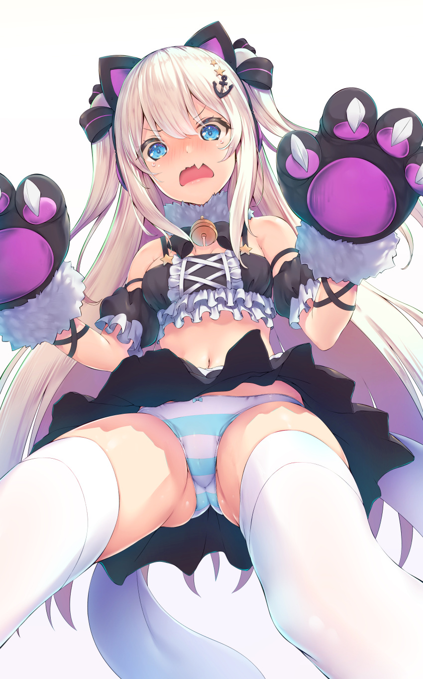 1girl absurdres anchor_hair_ornament animal_ears azur_lane bare_shoulders bell bell_collar black_bow black_skirt blonde_hair blue_eyes blush bow bowtie breasts cat_ears cat_paws collar cowboy_shot crop_top detached_collar detached_sleeves embarrassed fang frilled_sleeves frills from_below frown gloves hair_between_eyes hair_ornament hammann_(azur_lane) hammann_(hammanyan_pawnch!)_(azur_lane) hands_up highres legs_apart long_hair looking_at_viewer looking_down midriff miniskirt nakazawa_aki navel open_mouth panties paw_gloves paws pleated_skirt skindentation skirt skirt_lift small_breasts solo star_(symbol) star_hair_ornament striped striped_panties tears thigh-highs underwear upskirt very_long_hair white_legwear