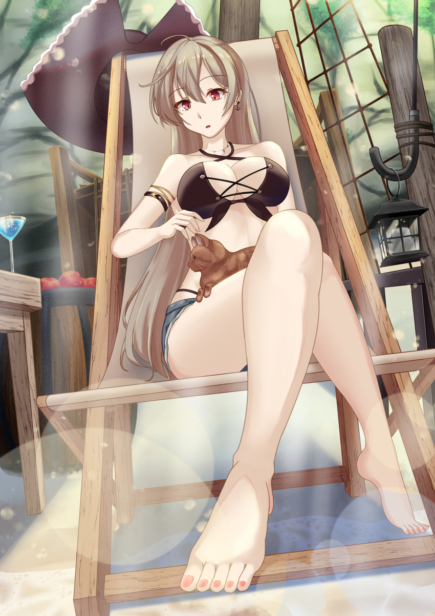 1girl :o absurdres anchor_earrings animal_on_lap apple arm_strap azur_lane bare_shoulders barefoot barrel beach beach_chair bikini black_bikini black_headwear blue_shorts breasts brown_hair cat cat_on_lap chair collarbone commentary_request crossed_legs cup cutoff_jeans cutoffs earrings food fruit hair_between_eyes hat hat_removed headwear_removed highres jean_bart_(azur_lane) jean_bart_(secret_afternoon)_(azur_lane) jewelry kanahigu lantern large_breasts lens_flare long_hair looking_at_viewer micro_shorts pirate_hat shorts sitting solo swimsuit very_long_hair violet_eyes