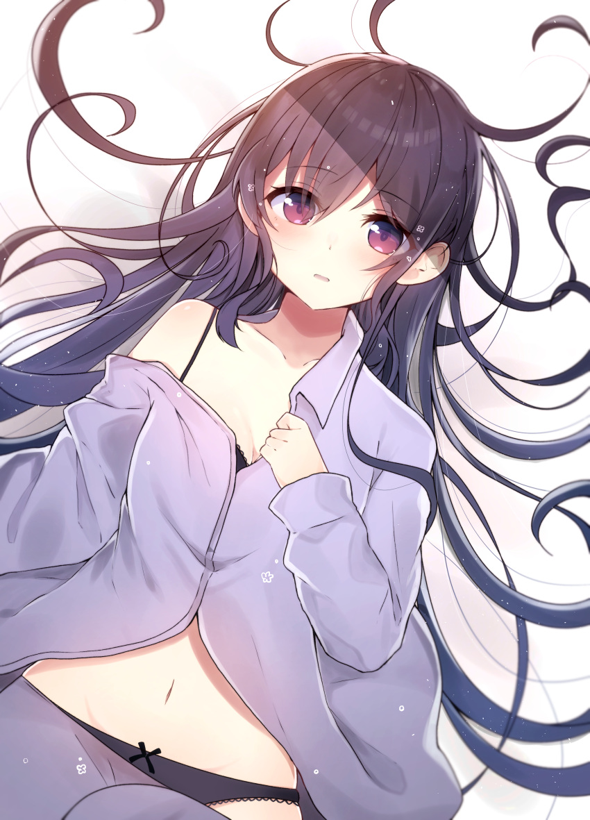 1girl absurdres bangs bare_shoulders black_bra black_hair black_panties blue_pajamas blue_pants blue_shirt blush bow bow_panties bra breasts brown_eyes collarbone collared_shirt commentary_request eyebrows_visible_through_hair hair_between_eyes hair_spread_out highres himemiya_shuang long_hair long_sleeves lying navel off_shoulder on_back open_clothes open_shirt original pajamas panties pants pants_pull parted_lips shirt sleeves_past_wrists small_breasts solo underwear very_long_hair