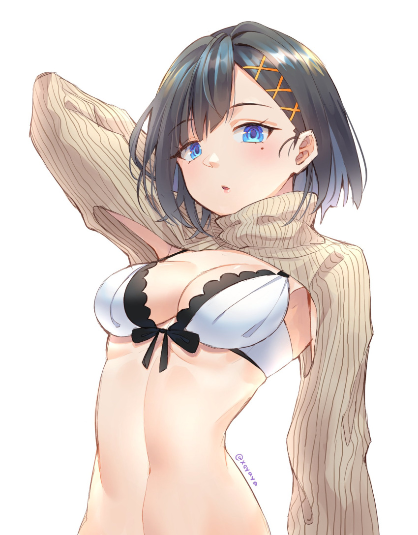 1girl armpits blue_eyes bra breasts ears food_themed_hair_ornament frilled_bra frills grey_hair hair_behind_ear hair_ornament highres looking_at_viewer medium_breasts navel nijisanji_id open_mouth orange_hair_ornament short_hair siska_leontyne solo striped tied_hair twitter_username underwear vertical_stripes white_background white_bra x_hair_ornament xeapher