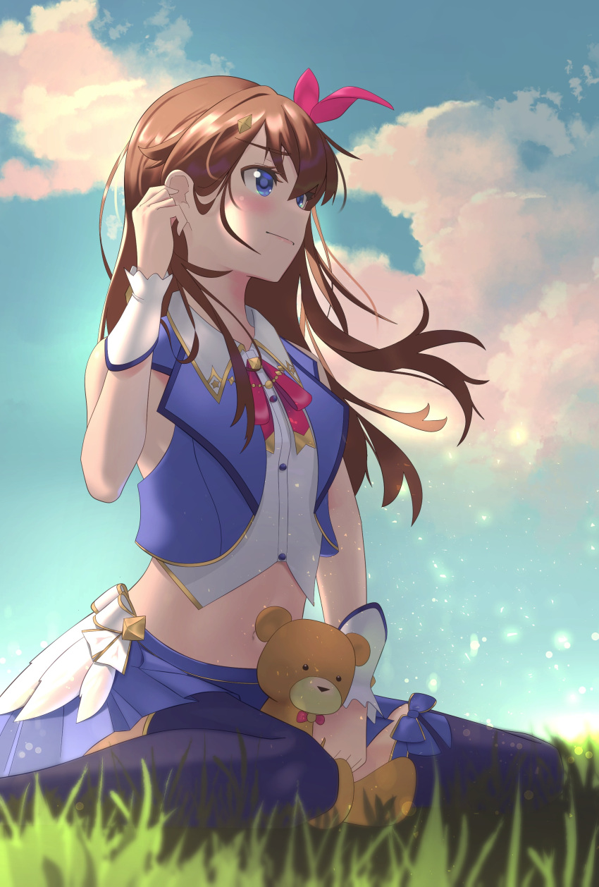 1girl absurdres bangs blue_eyes blue_skirt bow brown_hair clouds hair_behind_ear hair_bow highres hololive idol looking_up mechjunk navel pink_bow sitting skirt smile solo stuffed_animal stuffed_toy symbol_commentary teddy_bear thigh-highs tokino_sora wariza wrist_cuffs
