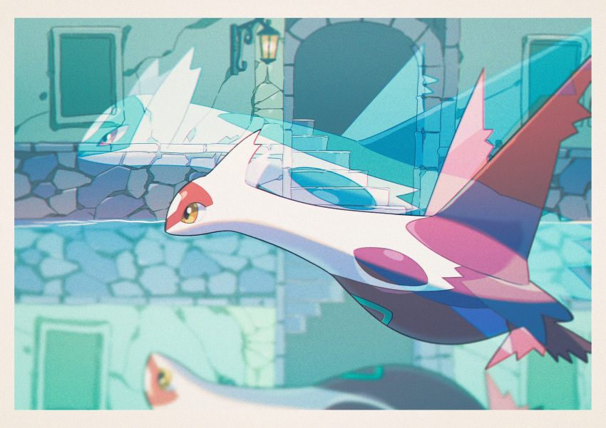 absurdres border canal commentary_request film_grain from_side gen_3_pokemon highres latias latios legendary_pokemon no_humans pokemon pokemon_(creature) reflection saiku_(zvlku) water white_border yellow_eyes