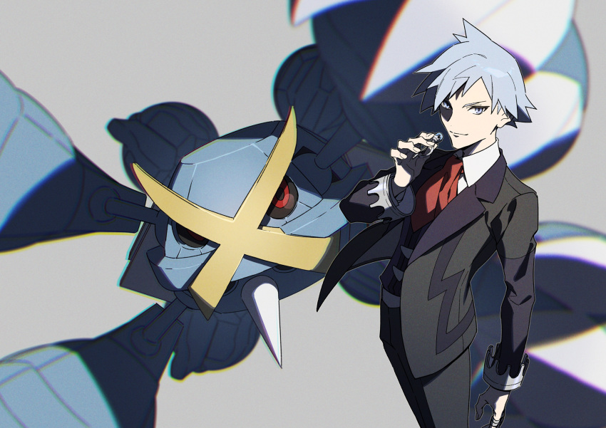 1boy bangs black_jacket blurry closed_mouth collared_shirt fingernails gen_3_pokemon grey_background grey_eyes grey_hair hand_up highres holding jacket jewelry long_sleeves male_focus mega_metagross mega_pokemon metagross pokemon pokemon_(creature) pokemon_(game) pokemon_oras red_neckwear ring shirt spiky_hair steven_stone xia_(ryugo)