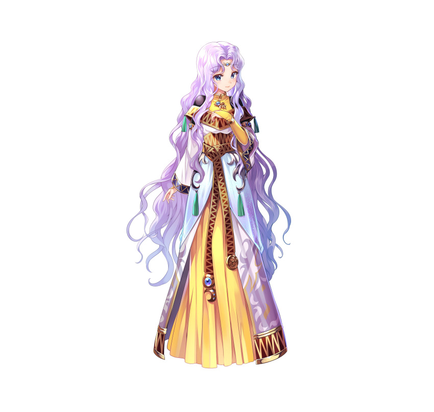 1girl absurdres bangs blue_eyes bracelet chachie circlet closed_mouth commentary_request dress eyebrows_visible_through_hair fire_emblem fire_emblem:_thracia_776 fire_emblem_heroes full_body hand_up highres jewelry long_dress long_hair long_sleeves looking_at_viewer official_art parted_bangs pink_hair sara_(fire_emblem) shiny shiny_hair solo very_long_hair white_background wide_sleeves