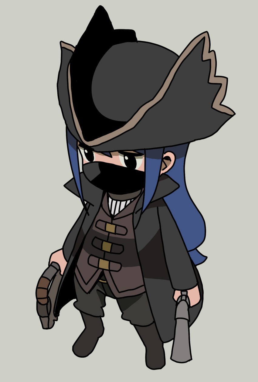 1girl black_coat black_eyes black_headwear black_pants bloodborne blue_hair boots brown_footwear brown_vest chibi coat commentary_request cosplay dual_wielding full_body grey_background hat highres holding holding_weapon hunter_(bloodborne) hunter_(bloodborne)_(cosplay) katsuwo_(cr66g) kotoha_(mitsuboshi_colors) long_hair mask mitsuboshi_colors mouth_mask open_clothes open_coat pants simple_background solo standing tricorne vest weapon