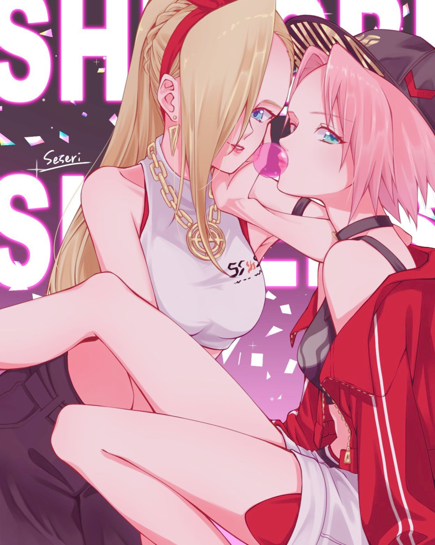 2girls arm_strap asymmetrical_hair baseball_cap black_headwear black_pants blonde_hair blue_eyes breasts bubble_blowing collarbone crop_top earrings from_side green_eyes hair_over_one_eye hairband haruno_sakura hat highres jewelry long_hair looking_at_viewer manbou_0328 medium_breasts midriff multiple_girls naruto_(series) naruto_shippuuden pants parted_lips pink_hair red_hairband shiny shiny_hair short_hair short_shorts shorts smile stomach very_long_hair white_shorts yamanaka_ino