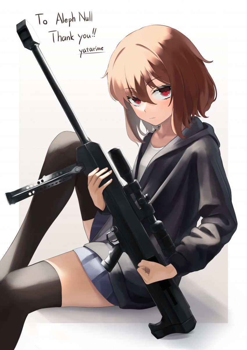 1girl absurdres bangs black_cardigan black_legwear blue_skirt border brown_hair cardigan closed_mouth collarbone eyebrows_visible_through_hair grey_background gun hair_between_eyes hair_intakes highres holding holding_gun holding_weapon hood hood_down hooded_cardigan long_hair long_sleeves looking_at_viewer miniskirt open_cardigan open_clothes original outside_border pleated_skirt red_eyes rifle shirt sitting skirt solo thigh-highs weapon white_border white_shirt yatarime zettai_ryouiki