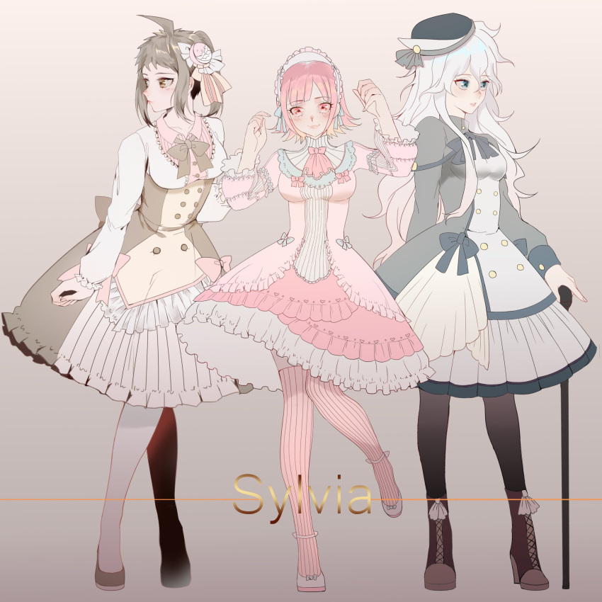 3girls :3 ahoge alternate_costume bangs blush bow bowtie breasts brown_bow brown_dress brown_hair character_name closed_mouth collarbone commentary_request dangan_ronpa_(series) dangan_ronpa_2:_goodbye_despair double-breasted dress frilled_dress frills full_body gradient gradient_background grey_background grey_dress grey_legwear hair_ornament hairband hand_up hands_up heart heart_print highres hinata_hajime layered_dress leg_up light_brown_hair long_sleeves looking_at_viewer medium_breasts medium_hair multiple_girls nanami_chiaki pantyhose pink_bow pink_dress pink_eyes pink_legwear ponytail shoes smile striped striped_dress striped_legwear thigh-highs tuteurfars_shin