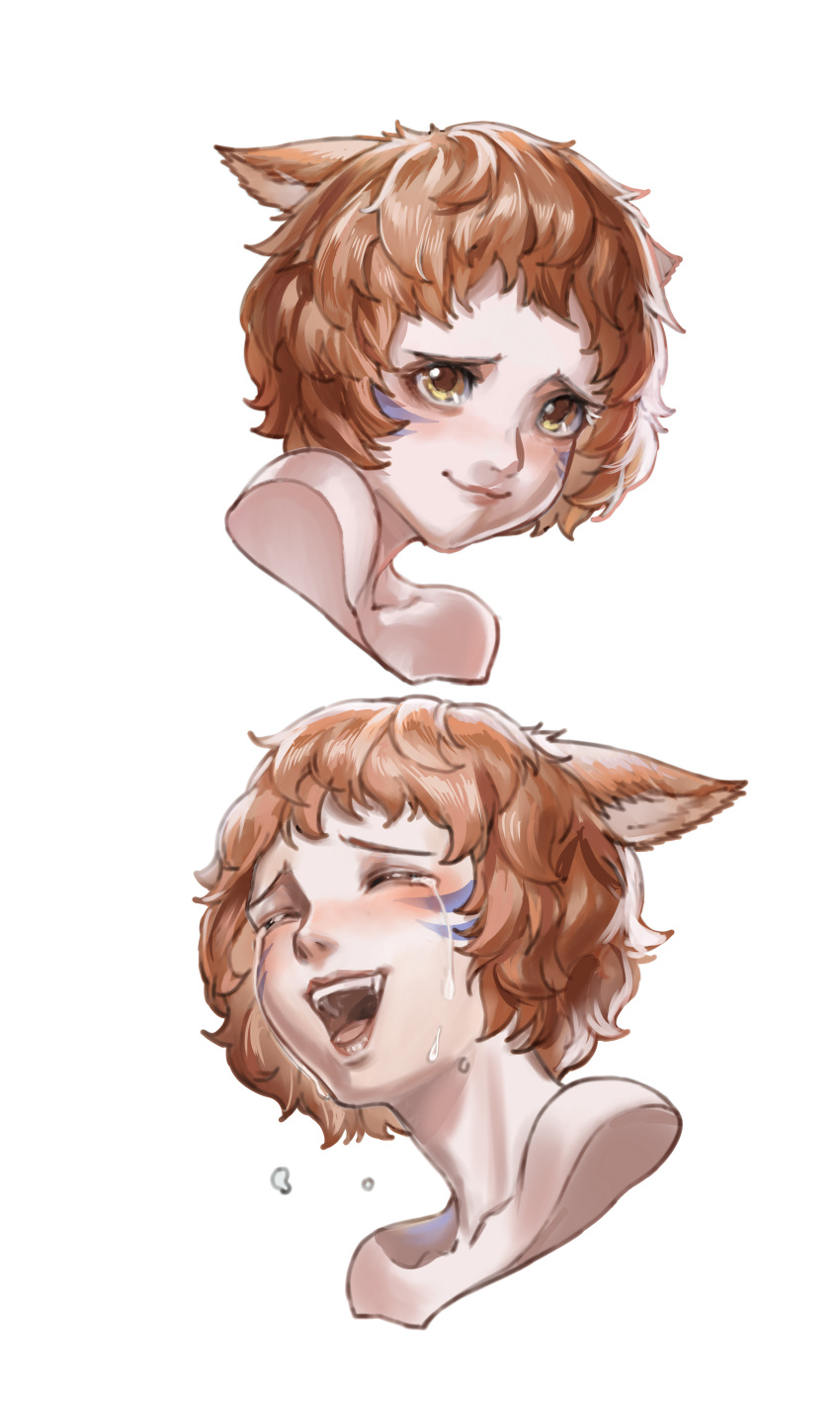 1girl :3 absurdres animal_ears avatar_(ff14) bangs bare_shoulders blush brown_hair cat_ears closed_eyes commentary commission cropped_shoulders crying ears_down english_commentary facial_mark final_fantasy final_fantasy_xiv happy happy_tears highres looking_afar miqo'te multiple_views nose_blush open_mouth portrait round_teeth seneka_grafika short_hair simple_background smile tears teeth tongue whisker_markings white_background yellow_eyes