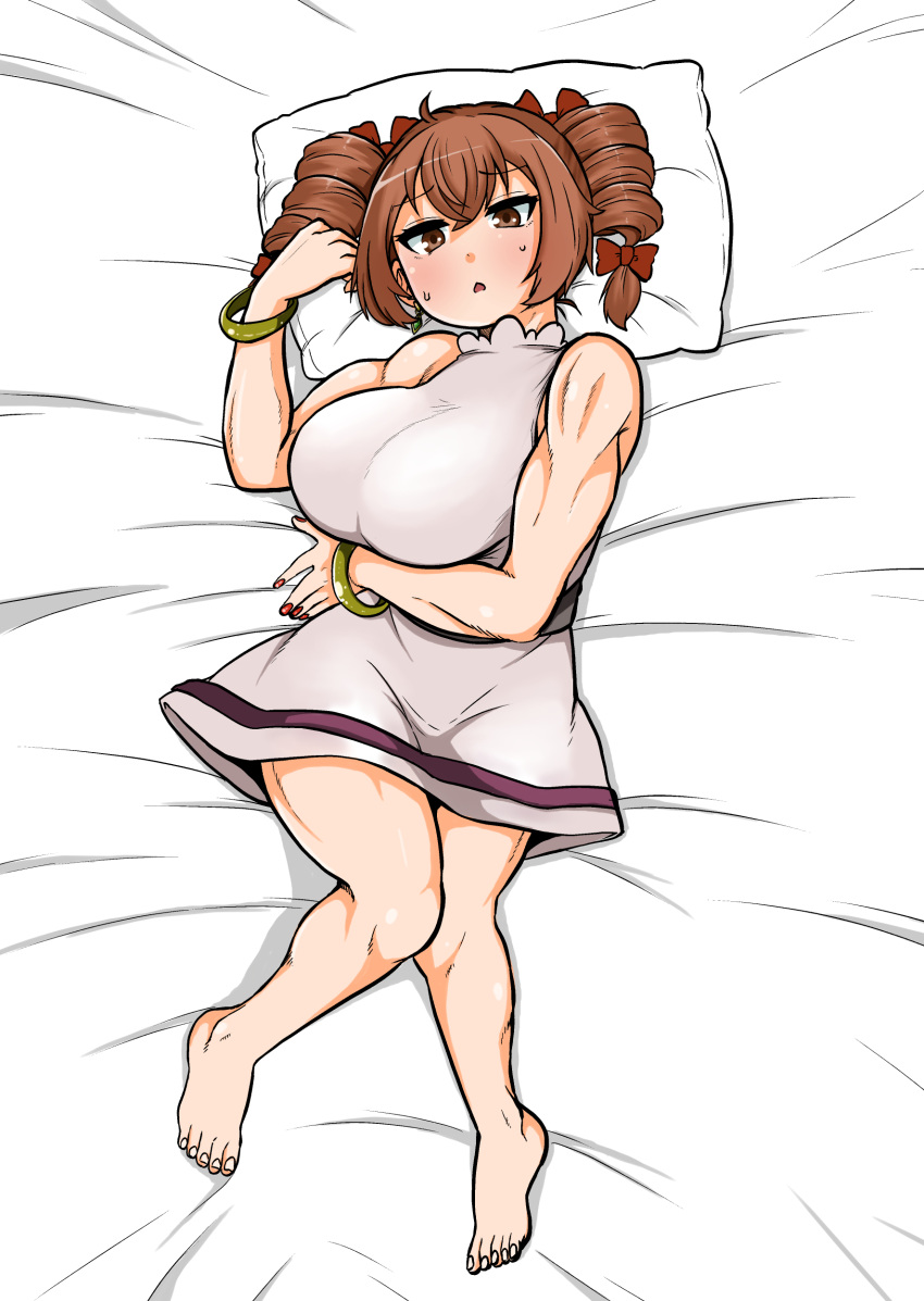 1girl absurdres bangle barefoot bed_sheet bow bracelet breasts brown_eyes brown_hair chestnut_mouth commentary_request dakimakura_(medium) dress drill_hair eyebrows_visible_through_hair full_body hair_bow highres himajin_noizu jewelry large_breasts lying muscular muscular_female nail_polish on_back on_bed pillow red_nails sleeveless sleeveless_dress solo sweat touhou twin_drills white_dress yorigami_jo'on