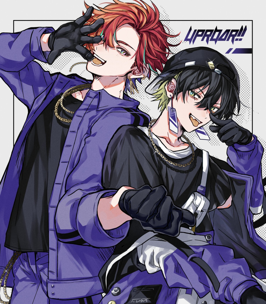 2boys :d aqua_eyes aqua_hair backwards_hat bangs baseball_cap belt_chain black_gloves black_hair black_headwear black_shirt blonde_hair chain_necklace clenched_hand cowboy_shot earrings fangs fanny_pack gloves grey_background group_name hair_between_eyes hand_up hat hat_pin highres hizaki_gamma holostars index_finger_raised jacket jewelry junjam looking_at_viewer male_focus multicolored_hair multiple_boys necklace off_shoulder official_alternate_costume open_hand orange_hair pants parted_bangs purple_hair purple_jacket purple_pants redhead shirt short_hair smile streaked_hair teeth tongue tongue_out two-tone_hair virtual_youtuber yatogami_fuma