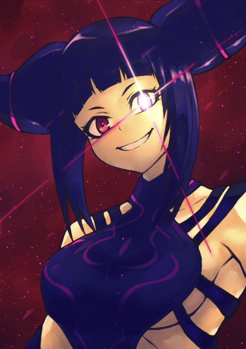 0g0nn 1girl bangs black_hair blunt_bangs breasts capcom drill_hair eyelashes female glowing_eyes halterneck han_juri large_breasts looking_at_viewer pink_eyes sideboob sidelocks smile solo space stars street_fighter twin_drills