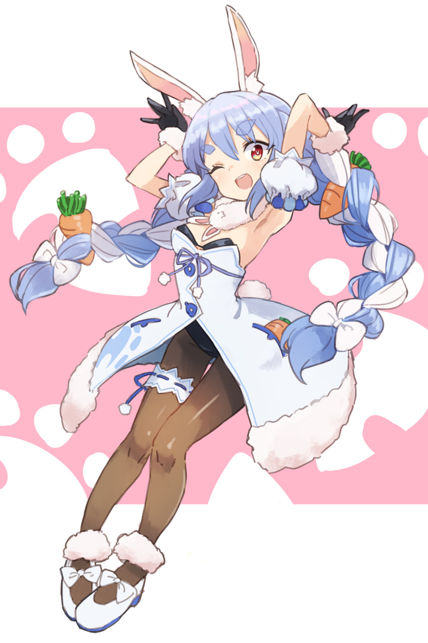 1girl ;d absurdres animal_ears armpits arms_up bangs black_gloves black_leotard blue_hair braid breasts bunny-shaped_pupils bunny_tail carrot_hair_ornament carrot_print commentary_request dress eyebrows_visible_through_hair flats food_print food_themed_hair_ornament frilled_armband fur-trimmed_dress fur-trimmed_gloves fur_scarf fur_trim gazacy_(dai) gloves hair_ornament highres hololive leotard long_braid long_hair looking_at_viewer multicolored_hair one_eye_closed open_mouth rabbit_ears rabbit_girl red_eyes scarf small_breasts smile solo standing strapless strapless_dress strapless_leotard tail thigh_strap twin_braids two-tone_hair usada_pekora virtual_youtuber white_dress white_footwear white_hair white_scarf