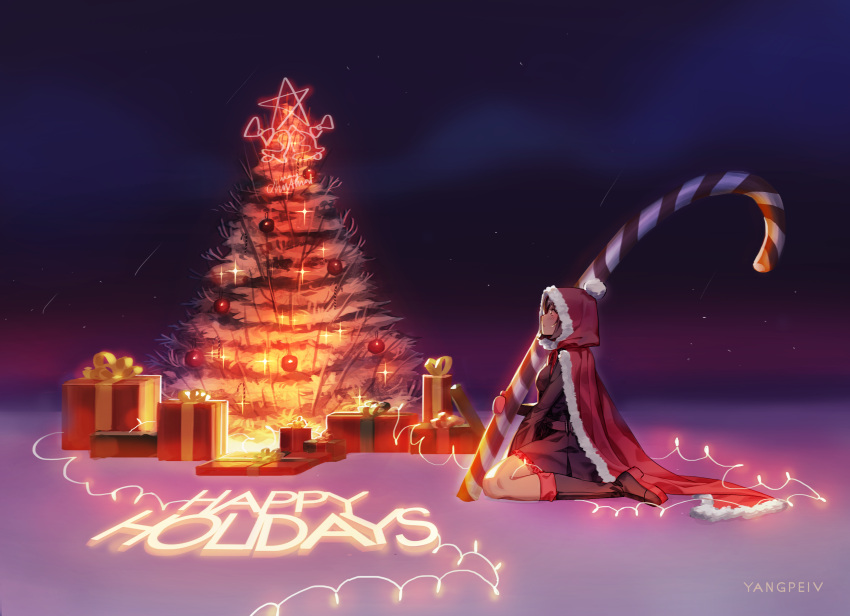 1girl absurdres candy candy_cane christmas christmas_lights christmas_tree cloak clouds food gift happy_holidays highres horizon night night_sky red_cloak ruby_rose rwby seiza sitting sky snow winter yangpiev