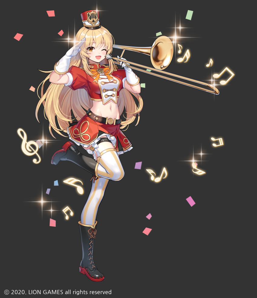 1girl ;d absurdres arm_up belt black_footwear blonde_hair boots breasts crop_top french_horn frilled_skirt frills full_body gloves gold_trim groin hand_up haru_estia hat highres holding instrument knee_boots large_breasts leg_up lim_jaejin long_hair looking_at_viewer midriff miniskirt navel one_eye_closed open_mouth red_headwear red_shirt red_skirt salute shirt short_sleeves skirt smile solo soul_worker stomach thigh-highs thigh_strap thighs white_gloves white_legwear yellow_eyes zettai_ryouiki