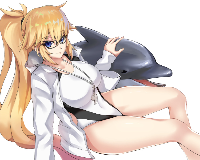 1girl bare_legs blonde_hair blue_eyes breasts competition_swimsuit dolphin eyebrows_visible_through_hair fate/grand_order fate_(series) glasses hair_between_eyes highres jacket jacket_over_swimsuit jeanne_d'arc_(fate) jeanne_d'arc_(fate)_(all) jeanne_d'arc_(swimsuit_archer) jewelry large_breasts long_hair looking_at_viewer navel necklace one-piece_swimsuit ponytail sidelocks swimsuit whistle white_background white_swimsuit yahan_(mctr5253)