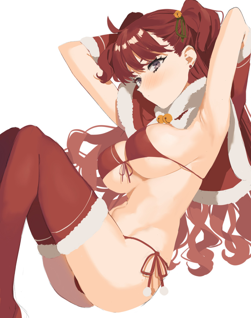 1girl 2l_(2lsize) absurdres armpits arms_up bangs bell bikini black_eyes blush breasts capelet closed_mouth commentary_request curly_hair earrings from_side front-tie_bikini front-tie_top fur-trimmed_capelet fur-trimmed_gloves fur-trimmed_legwear fur_trim gloves green_ribbon hair_bell hair_ornament hair_ribbon highres jewelry jingle_bell knees_up large_breasts long_hair original red_capelet red_gloves red_legwear redhead ribbon side-tie_bikini side-tie_bottom simple_background sitting swimsuit thigh-highs two_side_up very_long_hair white_background