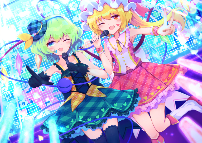 2girls alternate_costume armpits arms_up black_gloves black_legwear blonde_hair blue_eyes blue_headwear blue_skirt boots commentary dress dutch_angle eyebrows_visible_through_hair fang feet_out_of_frame flandre_scarlet gloves glowstick green_hair hat hat_ribbon heart_facial_mark highres holding holding_microphone idol knee_boots komeiji_koishi layered_dress microphone mini_hat mob_cap multiple_girls necktie one_eye_closed one_side_up open_mouth outstretched_hand petticoat pink_skirt pink_vest plaid_headwear pointing pointing_at_viewer red_eyes ribbon shirt short_hair skirt sleeveless sleeveless_dress stage stage_lights standing standing_on_one_leg thigh-highs third_eye tomoe_(fdhs5855) touhou v vest white_footwear white_headwear wrist_cuffs yellow_neckwear yellow_shirt zettai_ryouiki