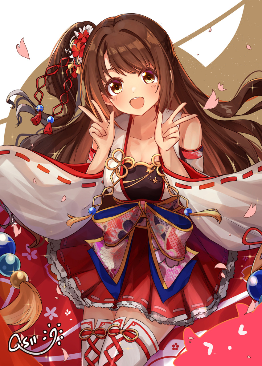 1girl :d arms_up artist_name bangs bare_shoulders breasts brown_eyes brown_hair commentary double_w egasumi flower hair_flower hair_ornament highres idolmaster idolmaster_cinderella_girls japanese_clothes kimono long_hair long_sleeves looking_at_viewer one_side_up open_mouth petals qs11 red_skirt ribbon_trim sash shimamura_uzuki sidelocks simple_background skirt smile solo thigh-highs w white_legwear wide_sleeves