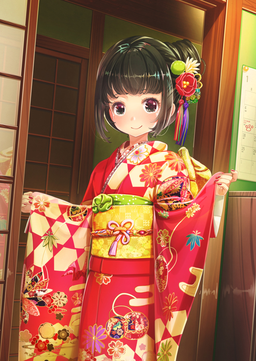 1girl abo_(kawatasyunnnosukesabu) black_eyes black_hair calendar_(object) flower furisode hair_flower hair_ornament highres indoors japanese_clothes kimono looking_at_viewer nail_polish new_year obi original sash sliding_doors smile solo