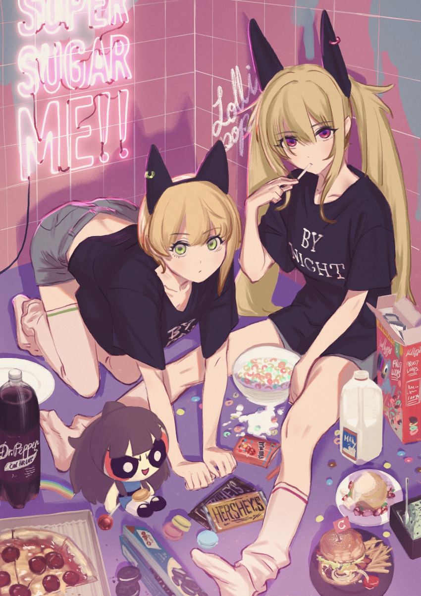 2girls absurdres alternate_hairstyle bangs black_shirt blonde_hair blue_shorts bottle candy cereal cereal_box character_doll chocolate chocolate_bar deg_(deguana) food full_body green_eyes hair_between_eyes hamburger highres idolmaster idolmaster_cinderella_girls kurosaki_chitose long_hair milk_bottle miyamoto_frederica neon_lights pepperoni pizza pizza_box plate print_shirt red_eyes shirt short_hair shorts sitting socks very_long_hair white_legwear