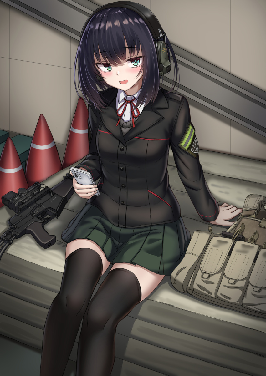 1girl :d arm_support as_val assault_rifle bangs black_hair black_jacket black_legwear blush breasts cellphone collared_shirt commentary_request dress_shirt ear_piercing eyebrows_visible_through_hair feet_out_of_frame green_eyes green_skirt gun hair_between_eyes highres holding holding_phone jacket long_sleeves neck_ribbon open_mouth original phone piercing pleated_skirt red_ribbon ribbon rifle school_uniform shirt short_hair sitting skirt small_breasts smile solo thigh-highs traffic_cone weapon white_shirt yakob_labo