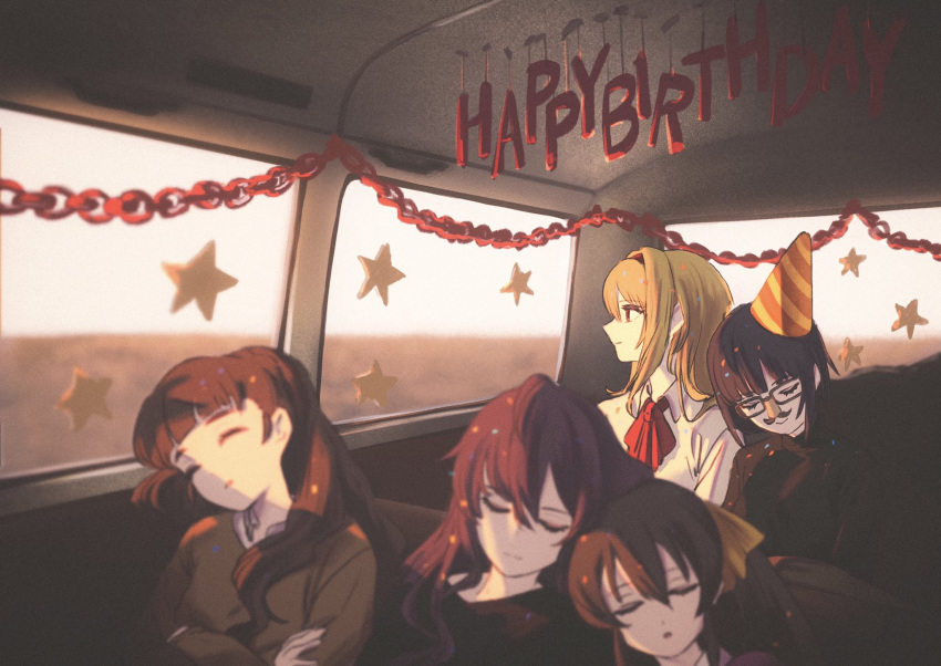 5girls bangs black_shirt blonde_hair blunt_bangs brown_hair bus bus_interior closed_eyes deg_(deguana) english_text facial_hair glasses ground_vehicle hair_between_eyes happy_birthday hat highres horizon ichinose_shiki idolmaster idolmaster_cinderella_girls kamiya_nao kurosaki_chitose matoba_risa motor_vehicle multiple_girls mustache paper_chain party_hat profile red_neckwear shirayuki_chiyo shirt sleeping star_(symbol) white_shirt window