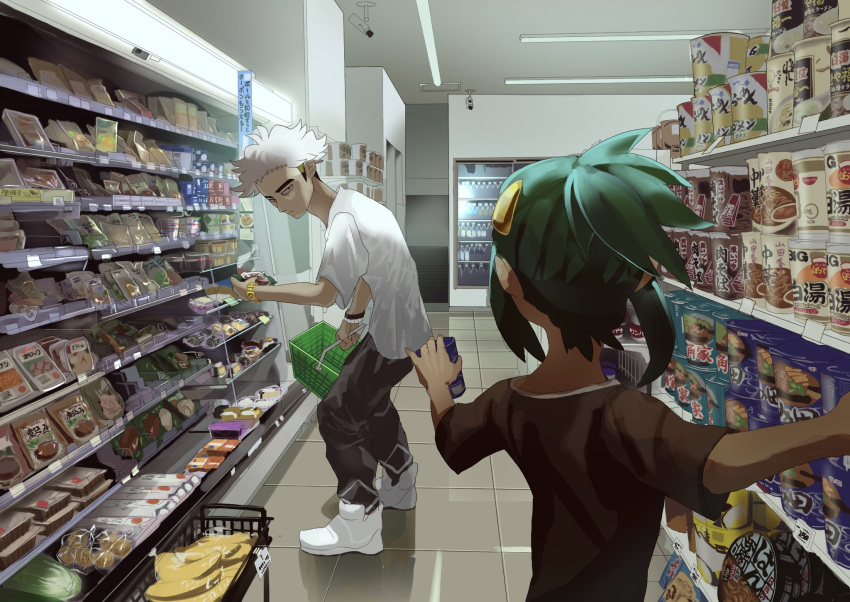 2boys black_hair comanie commentary_request green_hair guzma_(pokemon) hair_ornament hau_(pokemon) highres holding hunched_over indoors looking_back male_focus multiple_boys pants pokemon pokemon_(game) pokemon_sm price_tag security_camera shelf shirt shoes shopping shopping_basket short_sleeves standing t-shirt tile_floor tiles undercut video_camera watch watch white_footwear white_hair white_shirt
