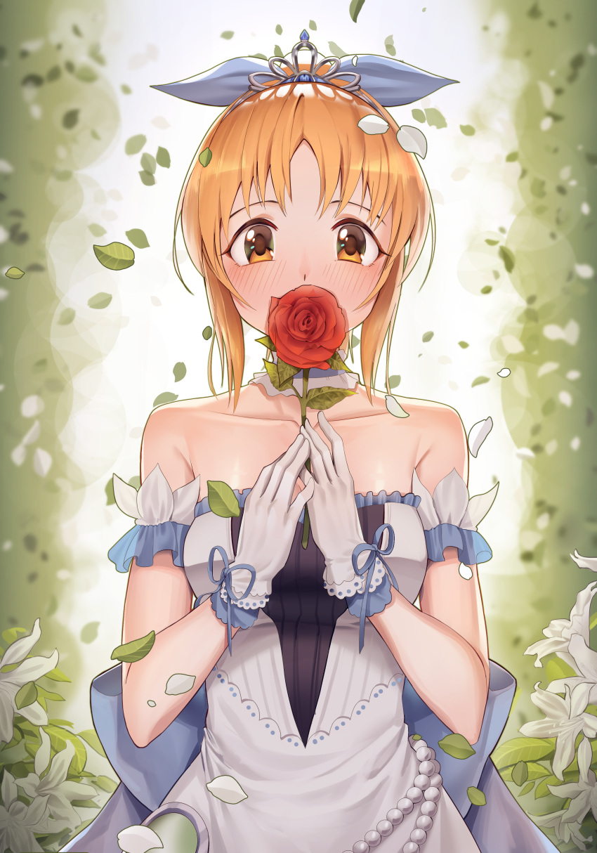 1girl abe_nana absurdres bangs bare_shoulders blue_bow blue_ribbon blush bow breasts brown_eyes collarbone commentary_request covered_mouth dress eyebrows_behind_hair flower frilled_dress frills gloves goback hair_ribbon hands_up highres holding holding_flower idolmaster idolmaster_cinderella_girls orange_hair parted_bangs petals red_flower red_rose ribbon rose small_breasts solo starry_sky_bright_(idolmaster) strapless strapless_dress tiara white_dress white_flower white_gloves