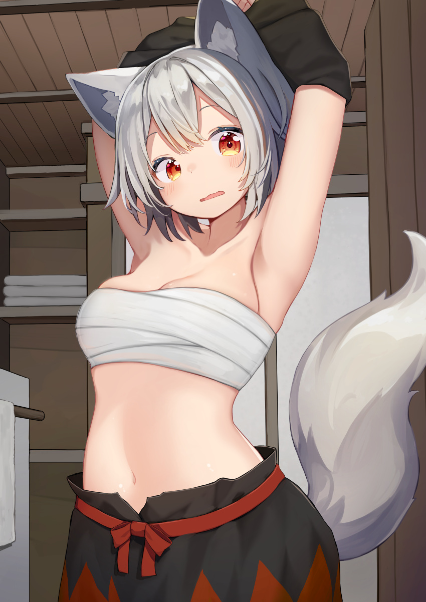 1girl absurdres animal_ears armpits arms_up black_skirt blush breasts commentary_request cowboy_shot eyebrows_behind_hair highres indoors inubashiri_momiji looking_at_viewer mamemochi medium_breasts navel orange_eyes parted_lips red_skirt sarashi short_hair silver_hair skirt solo standing surprised tail touhou two-tone_skirt undressing wolf_ears wolf_tail wooden_ceiling