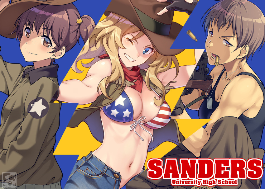 1girl 3girls alisa_(girls_und_panzer) american_flag_bikini artist_logo bangs bikini black_gloves black_shirt black_shorts blonde_hair blue_eyes bolt_action boots brown_eyes brown_footwear brown_hair brown_jacket brown_pants bullet_casing bullet_in_mouth cargo_pants closed_mouth combat_boots commentary commentary_request cowboy_hat cowboy_shot cross-laced_footwear dog_tags dutch_angle emblem eyebrows_visible_through_hair fingerless_gloves flag_print freckles from_side front-tie_bikini front-tie_top frown girls_und_panzer gloves gun hair_intakes hair_ornament hand_in_pocket hand_on_own_head hat highres holding holding_clothes holding_gun holding_hat holding_weapon jacket kay_(girls_und_panzer) lace-up_boots long_hair long_sleeves looking_at_viewer looking_back military military_uniform mosin-nagant motion_blur mouth_hold multiple_girls naomi_(girls_und_panzer) navel one_eye_closed one_knee pairan pants pointing red_stripes rifle saunders_(emblem) saunders_military_uniform scope shirt short_hair short_shorts short_twintails shorts smile sniper_rifle solo standing star_(symbol) star_hair_ornament string_bikini striped striped_background swimsuit tank_top twintails uniform v-shaped_eyebrows very_short_hair weapon