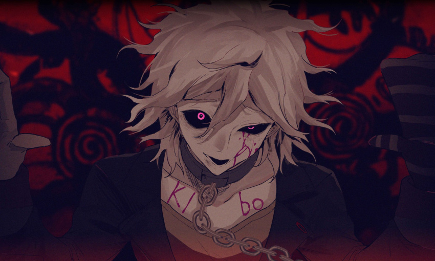 1boy alternate_eye_color bangs black_background black_jacket black_sclera blood blood_on_face bloody_tears chain chained collar collarbone colored_sclera commentary_request dangan_ronpa_(series) dangan_ronpa_another_episode:_ultra_despair_girls face gloves grey_hair hair_between_eyes hands_up highres jacket komaeda_nagito long_sleeves looking_at_viewer lower_teeth male_focus medium_hair metal_collar open_mouth pink_blood pink_eyes red_background shirt single_glove solo tuteurfars_shin