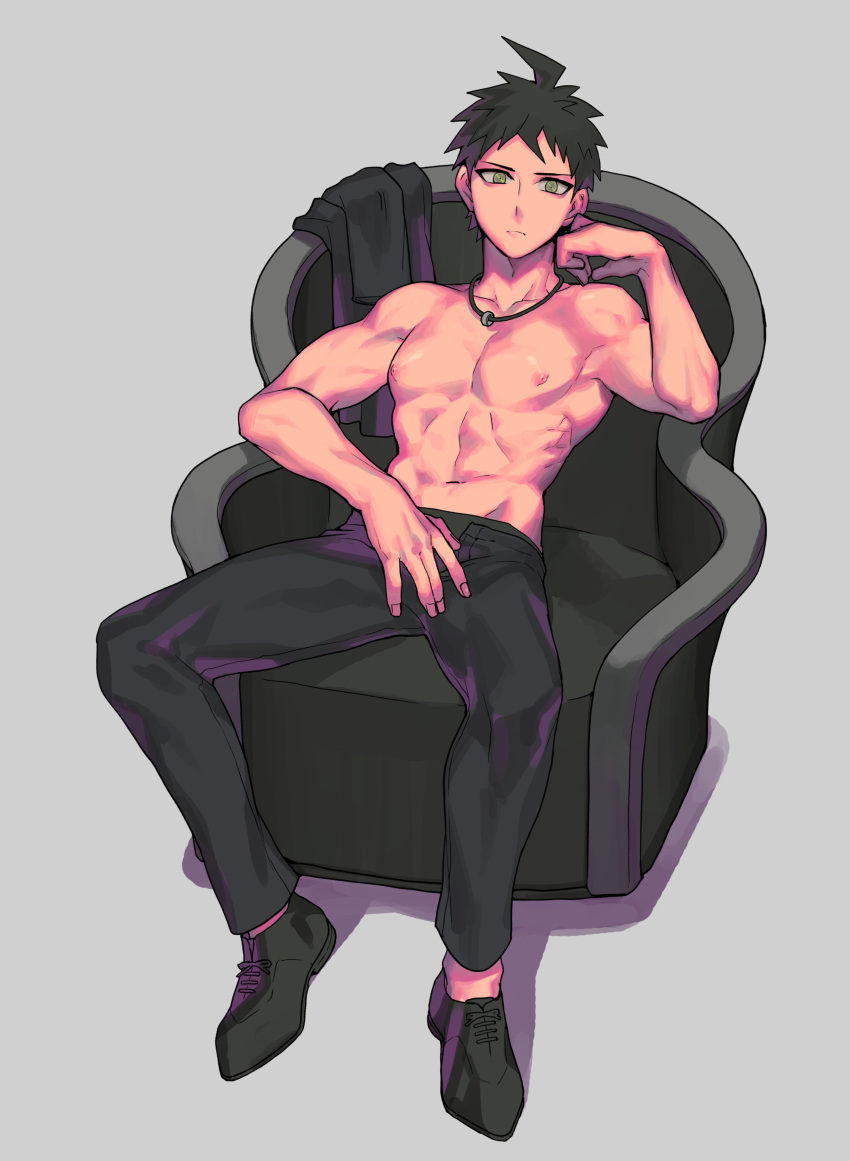 1boy absurdres ahoge armchair bangs black_footwear black_male_underwear black_pants brown_hair chair dangan_ronpa_(series) dangan_ronpa_2:_goodbye_despair frown full_body grey_background hand_up highres hinata_hajime jewelry looking_at_viewer male_focus male_underwear navel necklace nipples open_pants pants pectorals shirt_removed shirtless short_hair simple_background sin11111 sitting solo toned toned_male underwear