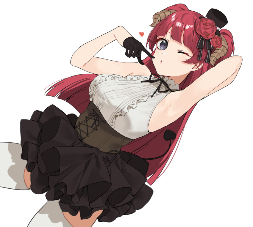 1girl 2l_(2lsize) arm_behind_head arm_up armpits bangs bare_arms black_gloves black_hair black_ribbon black_skirt blunt_bangs center_frills corset finger_to_mouth flower frills gloves hair_flower hair_ornament half_gloves hat heart highres horns long_hair looking_at_viewer neck_ribbon one_eye_closed original pleated_skirt pursed_lips red_flower redhead ribbon shirt simple_background skirt sleeveless sleeveless_shirt solo thigh-highs top_hat two_side_up very_long_hair white_background white_legwear zettai_ryouiki