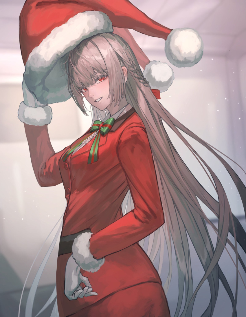 1girl bow dress fate/grand_order fate_(series) florence_nightingale_(fate/grand_order) florence_nightingale_santa_(fate/grand_order) gloves hat highres long_hair makitoshi0316 pink_hair red_dress red_eyes removing_hat santa_hat smile white_gloves