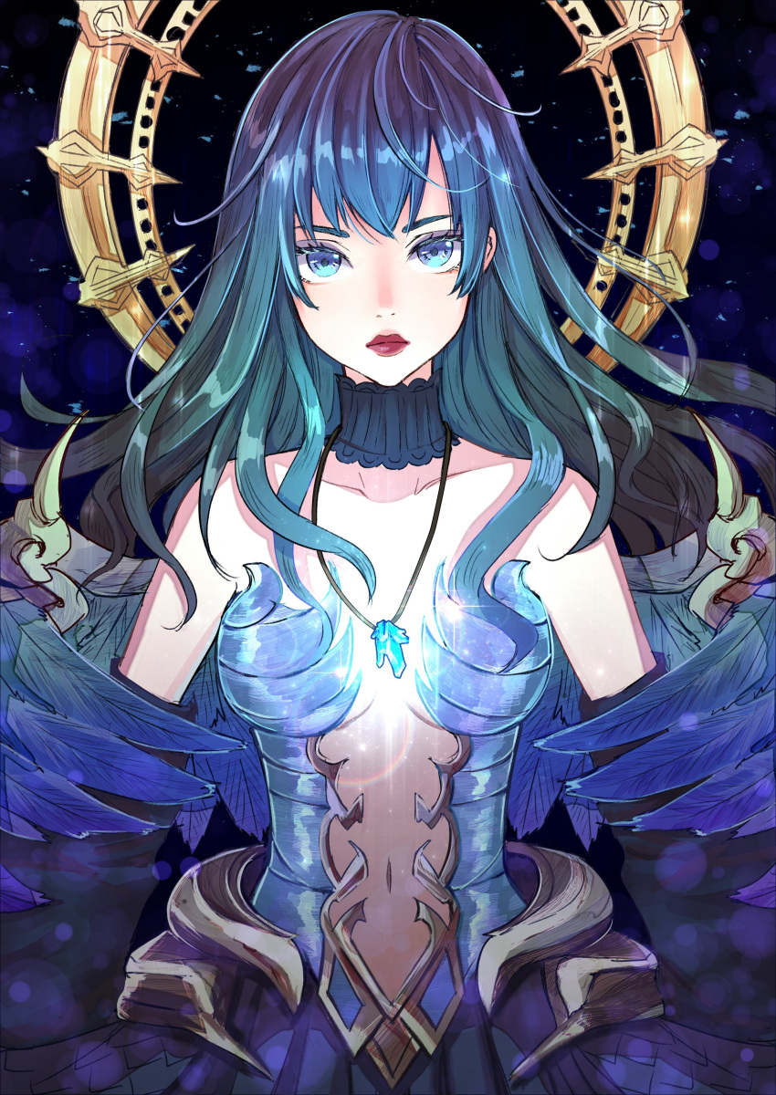 1girl absurdres bangs bare_shoulders black_hair blue_eyes breasts breasts_apart crystal dress feathers final_fantasy final_fantasy_xiv gaia_(ff14) highres hyur jewelry lilith_degree lips long_hair looking_at_viewer medium_breasts navel pendant red_lips solo strapless strapless_dress upper_body wings