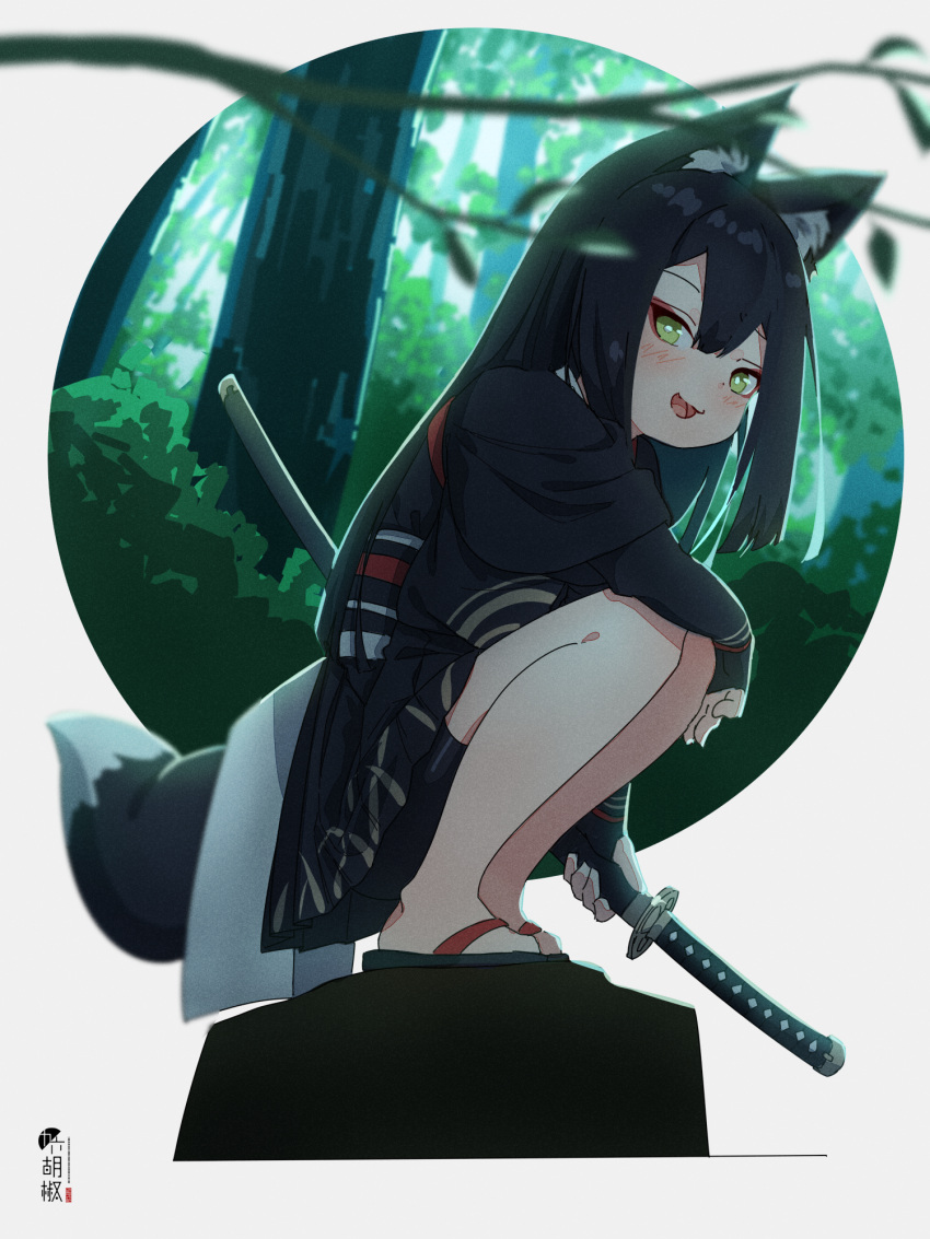 1girl :d animal_ear_fluff animal_ears bangs black_footwear black_gloves black_hair black_kimono black_skirt blurry blurry_background blurry_foreground blush commentary_request depth_of_field elbow_gloves fingerless_gloves fox_ears fox_girl fox_tail full_body gloves green_eyes hair_between_eyes highres holding holding_sheath japanese_clothes katana kimono kuro_kosyou long_hair looking_at_viewer open_mouth original pleated_skirt sheath sheathed short_sleeves skirt smile solo squatting sword tail tree_branch very_long_hair weapon wide_sleeves zouri