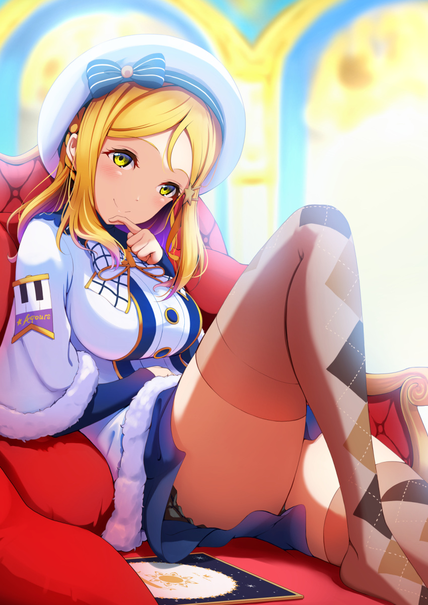 1girl amagi_(volfuji) argyle argyle_legwear beret blonde_hair blue_skirt blurry blurry_background bow breasts chair commentary finger_to_own_chin fur_trim hair_ornament hand_on_own_stomach hat hat_bow highres knee_up large_breasts layered_clothing long_sleeves looking_at_viewer love_live! love_live!_school_idol_festival_all_stars love_live!_sunshine!! medium_hair noishe ohara_mari shirt sidelocks sitting skirt smile solo star_(symbol) star_hair_ornament thigh-highs thighs white_headwear white_shirt wide_sleeves yellow_eyes