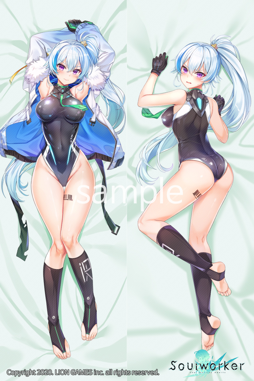 1girl 3: absurdres arm_up armpits arms_up ass barcode_tattoo bare_arms bare_shoulders bed_sheet black_gloves black_legwear black_leotard breasts closed_mouth covered_navel dakimakura_(medium) ephnel fang frown full_body fur_trim gloves groin hand_up highleg highleg_leotard highres jacket kneehighs large_breasts leotard long_hair long_sleeves looking_at_viewer lying maett multicolored_hair multiple_views necktie no_jacket no_panties off_shoulder official_art on_back on_stomach open_clothes open_jacket open_mouth ponytail silver_hair soul_worker streaked_hair sweat tattoo thighs toeless_legwear v-shaped_eyebrows very_long_hair violet_eyes white_jacket