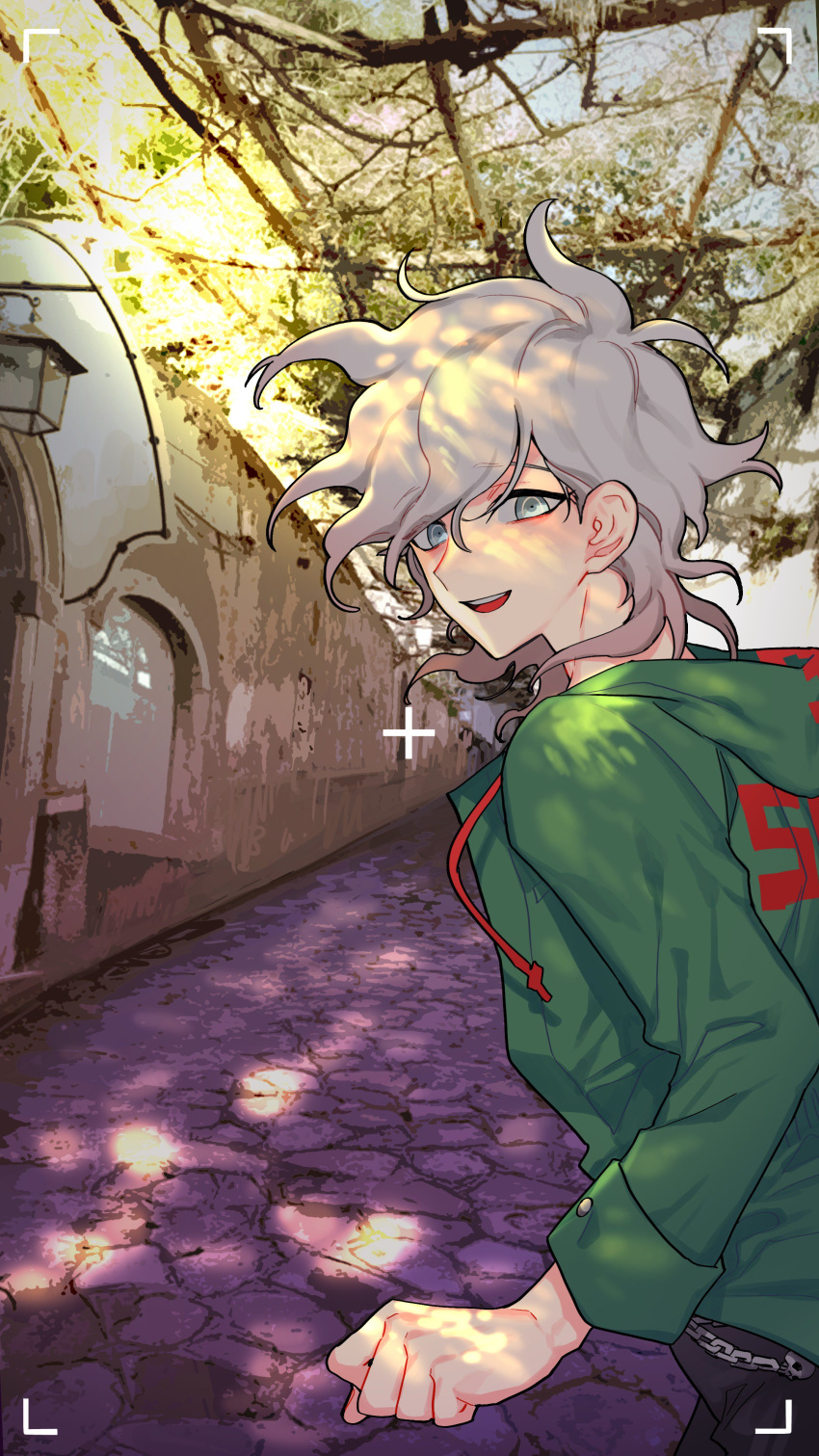 1boy absurdres bangs brick_floor chain commentary_request dangan_ronpa_(series) dangan_ronpa_2:_goodbye_despair day from_side green_jacket grey_eyes grey_hair hair_between_eyes highres hood hood_down hooded_jacket jacket komaeda_nagito long_sleeves looking_at_viewer male_focus medium_hair messy_hair open_clothes open_jacket open_mouth outdoors photorealistic sin11111 smile solo standing tagme tree upper_body upper_teeth watercraft