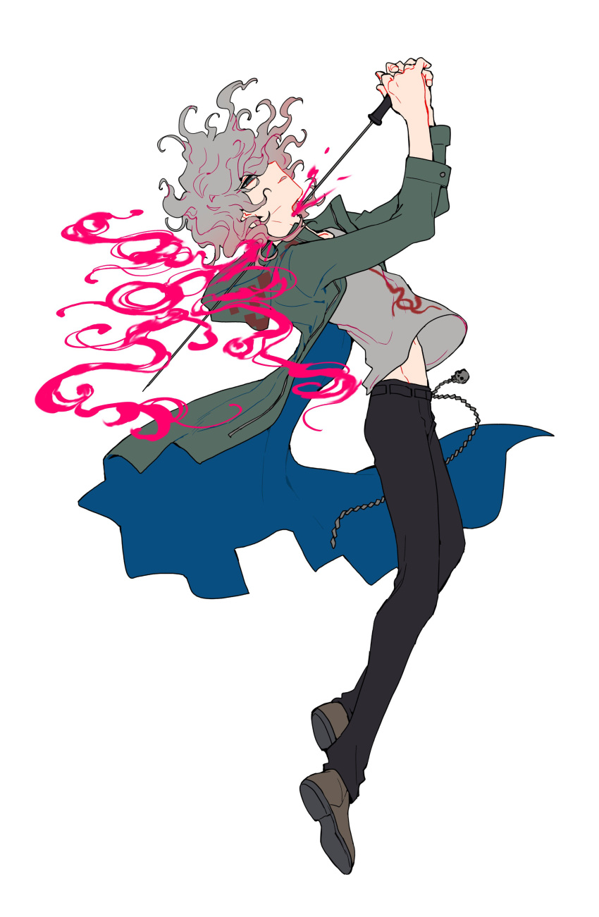 1boy absurdres bangs belt black_belt black_pants blood chain commentary_request dangan_ronpa_(series) dangan_ronpa_2:_goodbye_despair facing_up from_side full_body grey_background grey_hair grey_shirt half-closed_eyes highres impaled injury komaeda_nagito long_sleeves male_focus messy_hair pants pink_blood print_shirt profile shirt shoes simple_background sin11111 skinny skull_ornament solo spoilers