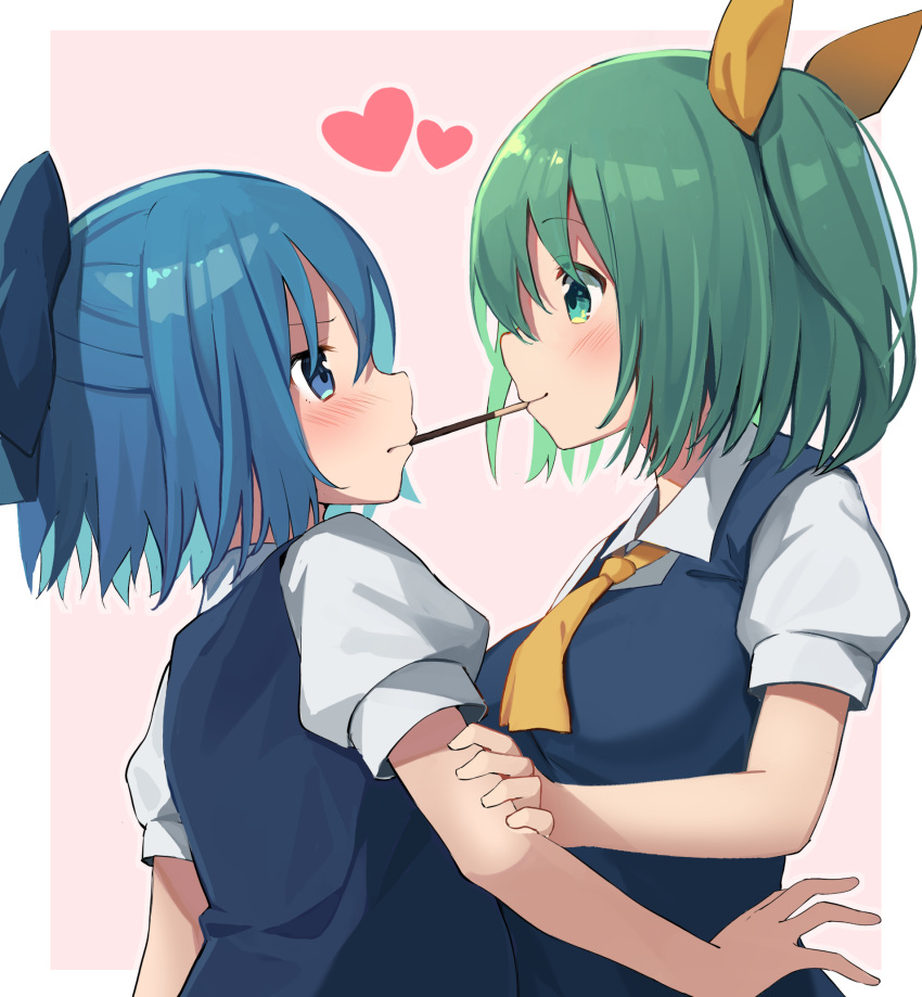 2girls arm_grab ascot blue_bow blue_eyes blue_hair blush bow cirno commentary_request daiyousei eye_contact food green_eyes green_hair hair_bow hair_ribbon heart highres looking_at_another mamemochi mouth_hold multiple_girls pocky pocky_kiss ribbon short_hair short_sleeves side_ponytail smile touhou yellow_neckwear yellow_ribbon yuri