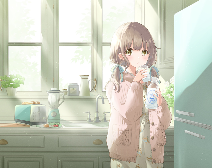1girl :o arms_up bangs blender bottle bread brown_eyes carafe cardigan cherry_tomato commentary cowboy_shot cup day drinking_glass faucet floral_print food fried_egg hair_ribbon highres holding holding_cup hoshiibara_mato indoors kitchen light_brown_hair light_particles looking_at_viewer low_twintails milk milk_bottle morning nightgown open_cardigan open_clothes original pink_cardigan plant plate potted_plant refrigerator ribbon sink solo standing sunlight toaster tomato tray twintails