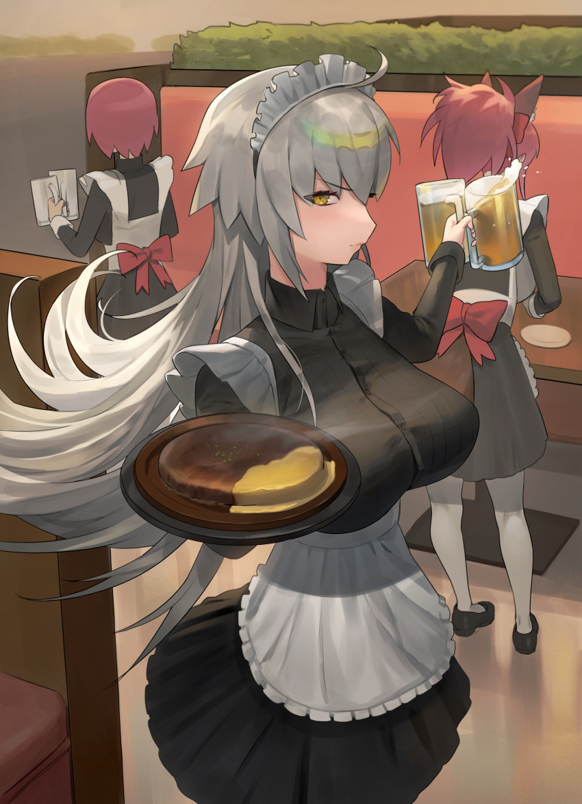 3girls absurdres alcohol alternate_costume apron back_bow beer black_dress bow cup dress enmaided fate_(series) food frilled_apron frills grey_hair highres holding holding_cup holding_food hood_(james_x) jeanne_d'arc_(alter)_(fate) jeanne_d'arc_(fate)_(all) long_hair long_sleeves maid maid_apron maid_headdress mash_kyrielight multiple_girls profile purple_hair red_bow short_hair solo_focus tamamo_(fate)_(all) tamamo_no_mae_(fate) very_long_hair waist_apron white_apron yellow_eyes